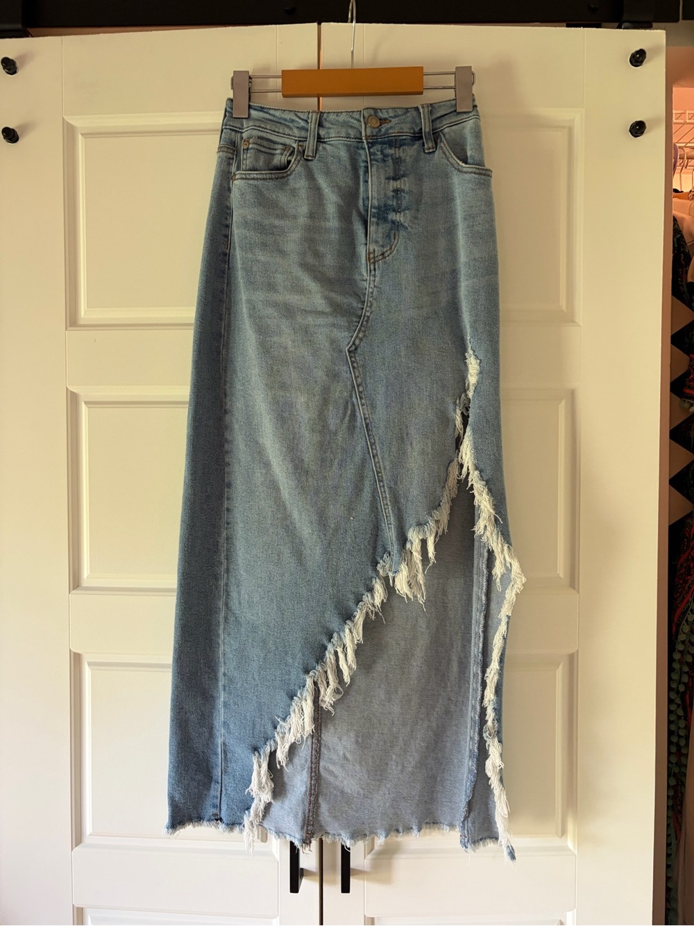 BCBGeneration Light Blue Asymmetrical Frayed Denim Skirt